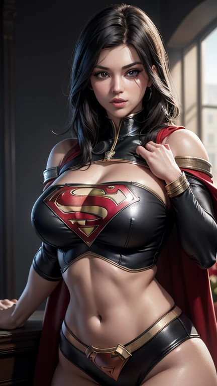 (best quality,4k,8k,highres,masterpiece:1.2),ultra-detailed,(realistic,photorealistic,photo-realistic:1.37), vivid colors, bokeh, HDR, studio lighting, extreme detail description, physically-based rendering, ultra-fine painting, sharp focus, professional, portraits, sexy supergirl, beautiful detailed eyes, beautiful detailed lips, green eyes, shoulder length  black hair, black and silver outfit, red cape with a midriff, , UHD 8K