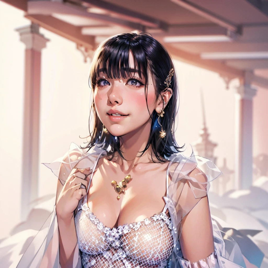 One girl, masterpiece, Very detailed, ((Cinema Lighting)), (Shine), ((Dramatic lighting)), ((Beautiful sparkle)), Intricate details, Lens flare, Multicolored Hair, Rainbow Hair, Long Hair, colorfulなドレス, butterflyの髪飾り, butterfly, (Particles of light), Put your arms behind your back, Large Breasts, [Curvy], Cowboy Shot, A light smile, Green Eyes, church, Stained glass, Spotlight, Dark Background, Floating Hair, Floating Hair, View your viewers,((colorful))