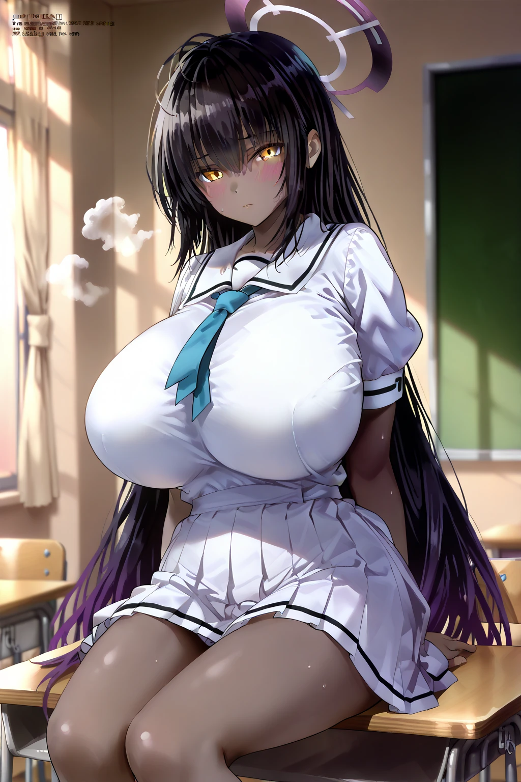 (8k, Highest quality, masterpiece:1.2),\Two arms、(eye\),(\(Garment Details\)\),(Huge boobs) ,Very detailedCG Unity 8k 巨大なファイルサイズ,Very detailed,High resolution,Absurd,美しいeye,Ray Tracing,Dramatic Shadows,finely,Hyper Detail,(1 girl:1.3),(alone)、sexyポーズ、Gal、School uniforms、Cleavage、I can see my belly button、((White open cropped blouse))、((Latex mini pleated skirt))、(Oily skin)、((Shiny purple latex thong panties))、Black Hair、gigantic breast、tie、Hotel Bedroom、((purple latex bra))、hot、((Sigh))、Embarrassed expression、sexy、((I can see her panties))、(Straddling on the bed)、((White knee-high socks))、((A composition in which a woman straddles herself))