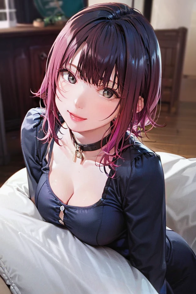 Red short、Red hair, Wearing underwear，Face Real，Doing sexy poses on the bed、Look up from below make eye contact、Face smile、Expression of desire、Cleavage emphasis, Breasts enlarged，Cleavage emphasis，Extra large zoom on chest，Chest zoom,anime style
