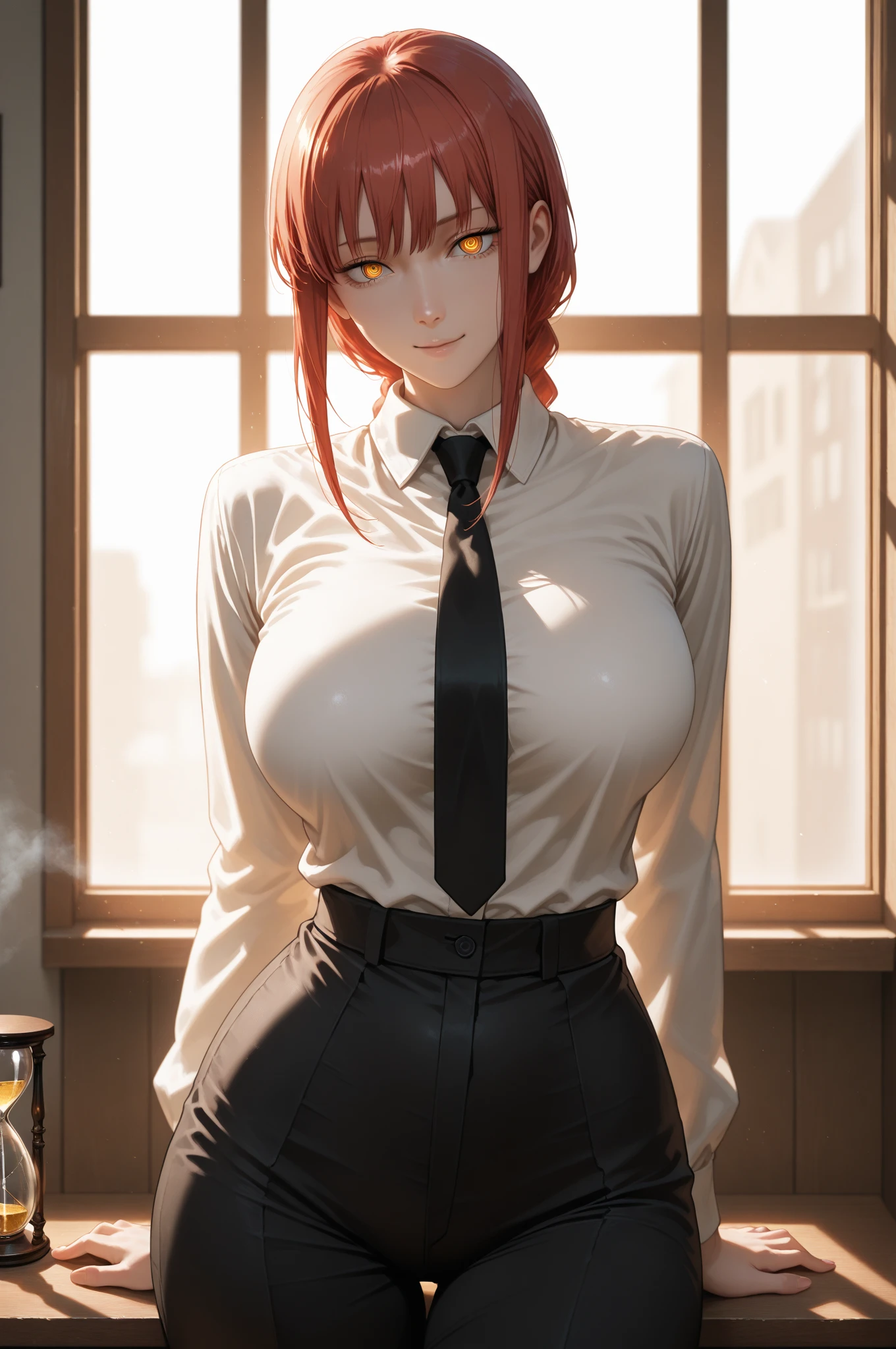 (masterpiece, Best quality:1.2), One, 1 girl, Red hair, yellow eyes, Unbuttoned shirt with collar, black unbuttoned trousers, Широкие Hips, very detailed beautiful face and eyes, beautiful skin, wet, ruddy, Perfect anatomical smile, Bright sunlight, Hips, широкие Hips, is sitting, Spreading your legs, Атлетические Hips, erotica, shiver, full body, curvy, пухленькая, perfect body, big breasts, sweat, ??????