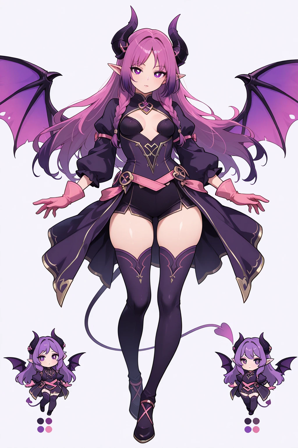 masterpiece, best quality, cute eyes, 1girl, solo, high fantasy costume, ((white background)), full body, multiple views, leotard, succubus, dragon horn, detached sleeves,