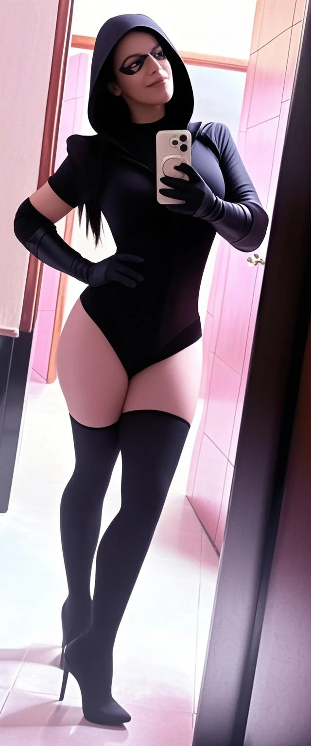 ((1girl, solo, full body)), ((standing)), ((from behind)), (perfect anatomy, perfect hands, perfect legs), beautiful body, natural proportions, ((back)) BREAK
extremely detailed face, (beautiful detailed eyes:1.6), (realistic pupils, realistic iris:1), expressive eyes, looking at viewer, (hyperrealistic:1), (detailed skin texture:1.2), smooth skin, ((blue eyes)), (((black hair))), multicolored hair, two-tone hair, streaked hair, gradient hair, long hair, very long hair, high ponytail, bangs, parted bangs, sidelocks, tassel earrings, hair ornament, hair stick, glasses, semi-rimless eyewear, red-framed eyewear, ((mature female)) BREAK
(((skin tight))), ((black outfit)) BREAK
(masterpiece:1.2), best quality, high resolution, (highly detailed shading), (realistic lighting:1.2), anime-style, perfect lighting, bright lighting, vibrant colors, dynamic tones, striking hues, 8k, absurd resolution, perfect shadows, hdr, UHD, ambient lighting, realistic, ultra-realistic, photo realistic, highly detailed, rich detail, luminous colors, fine texture, intricate design, professional illustration, (soft light), (illustration:0.8)