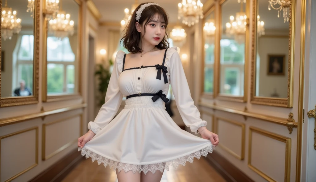 Highest quality, Super detailed, High resolution, 8K images) (reality, Realistic photos:1.37), ((Highest quality))Browsing Caution、Pastel colored maid outfit、、mini skirt、With ruffles、White fishnet stockings、Cotton fabric panties、、Don&#39;t cover your lower body、The panties look nice、Cute face、brown medium layer cut hair,((Her skirt is flipped up and her underwear is visible))((Show me your)), ((Stick your butt out)),(Squat with legs apart), Fine and beautiful eyes,Perfect Proportions,(Overflowing big),(A full-body shot from behind), Very beautiful and cute girl,22 years old,(anime),Kamimei, Pitch black background,(Solid black background)
