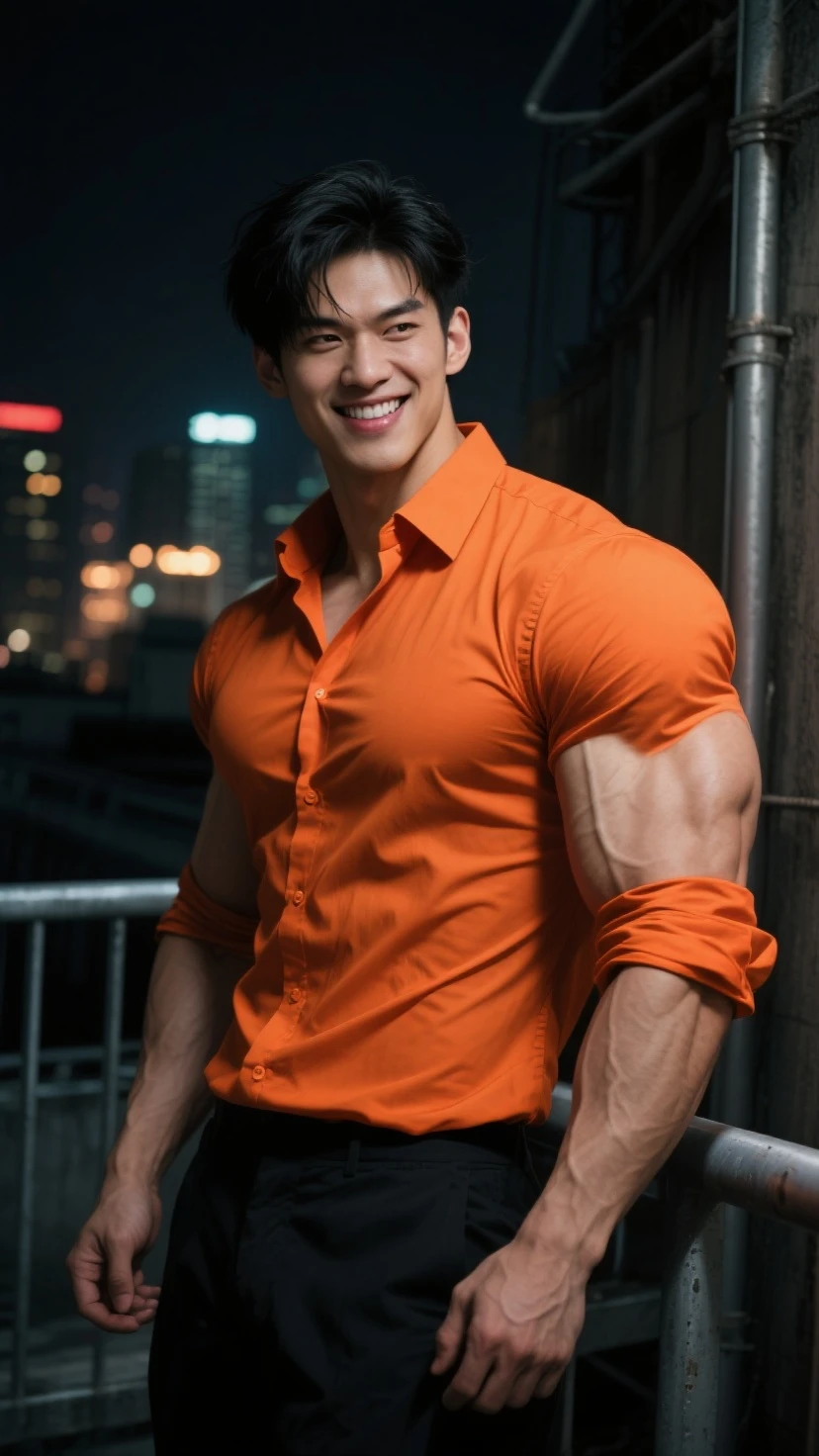 Handsome korean man. 24 years old, prisoner, perfect male body, look at the camera, (Orange prison uniform)portrait,dramatic shadow,Ray tracing, Best quality, Cinematic lighting, Extremely detailed CG, 8K wallpaper,Complicated.showing his chest and abs muscle