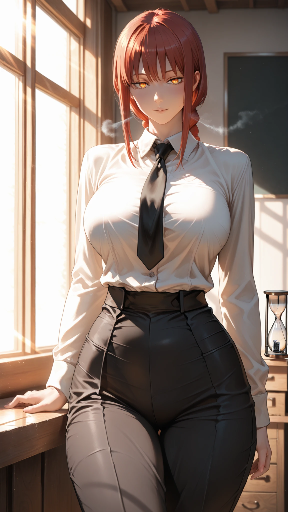 masterpiece, best quality, ultra-detailed, Potrait of beautiful , solo, shirt, long_sleeves, white_shirt, collared_shirt, pants, from_behind, arms_behind_back, black_pants, formal, suit, arm_behind_back, shirt_tucked_in, facing_away, office_lady, business_suit, high-waist_pants, volumetric lighting, best quality, masterpiece, intricate details, tonemapping, sharp focus, hyper detailed, trending on Artstation,