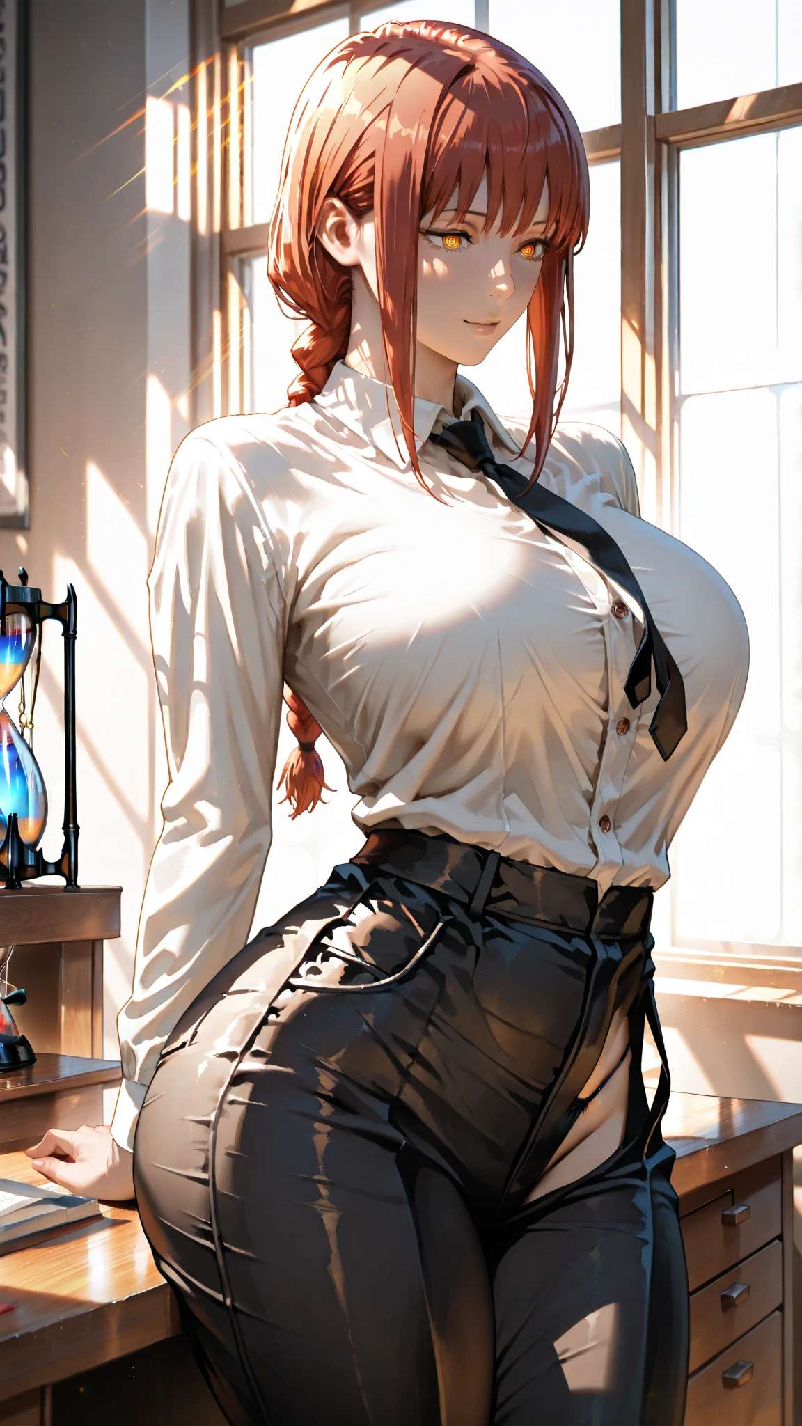 a gorgeous woman wearing a white silk shirt with a deep v neck, brown leather miniskirt, and a belt, cinched waist, dramatic lighting, photorealistic, high fashion editorial, corset, red hair, large breasts, purple eyes, black makeup, crimson lips, looking at camera