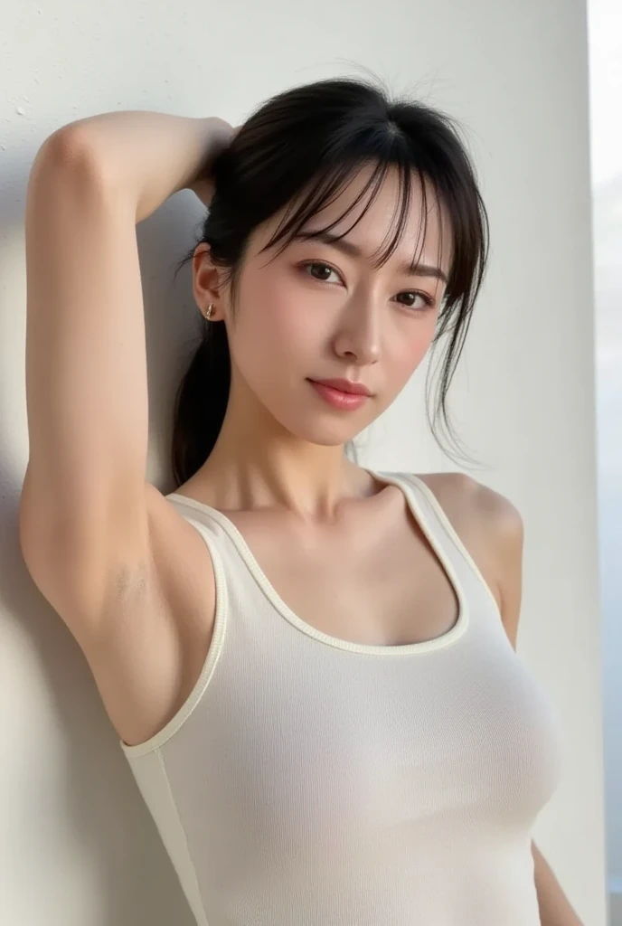 1girl, 25years old woman, (perfectly detailed face), (((Tank tops))), Small breasts, medium breasts, large breasts, cute face, ((looking at viewer)), Simple Background, ((white background)), ((white wallpaper)), White skin, (bright lighting:1.2), perfect lighting, armpits, Show one armpit, ((Smooth and beautiful armpits)), smile, photorealistic, (bokeh), UHD, anatomically correct, highres, masterpiece