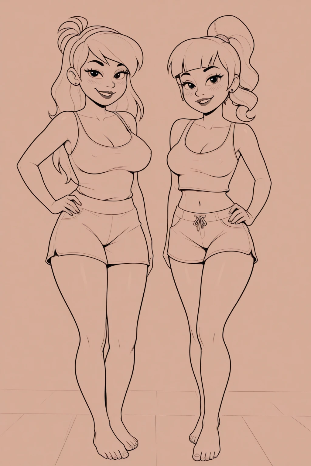 Coloring book for adults. Only black and white. low detail only main line. gorgeous body, wide hips, beautiful, sensual and erotic woman with gosgeous medium breasts. The breasts are covered by transparent bra without cups reveling your nipples. (very tight and transparent delta wing panties and bra detailing all your body ans shaved pussy). white background. white colors. full body view of blonde woman, drawing,  xyzsketchstyle, (Ultra detailed:1.3) ((((best quality))).