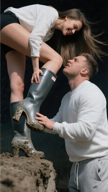 dramatic action pose, woman that is carrying a skinny man, there is a beautiful woman in a shiny coat who is carrying a blond man in her arms, a longhaired beautiful woman in a high-shine black puffy coat, a longhaired woman in a shiny downcoat, a woman is carrying a shorthaired man who is wearing black shorts, a weak man in black shorts is consciousless and needs to be carried, a shorthaired man with closed eyes is carried in the arms of a longhaired woman, a woman looks very scared and terrified, a consciousless man with closed eyes is suffering very much and has a very painful face, photo, photo shoot, photographed, there is a man and woman that are doing a trick in the grass, posing like a falling model, action glamour pose, photo taken with nikon d 7 5 0, photo taken with nikon d750, photoshoot, calude monet style, by Edward Corbett, an ahoge stands up on her head, photo shoot, photographed, dramatic action pose
