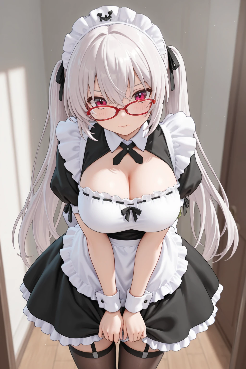 delicate illustration, pastelcolor, soft blending,
1girl, upper body, leaning forward, presenting breasts, (twisted torso:1.1),
head tilt, (looking up:1.1), looking at viewer,
(semi-rimless eyewear:1.1), straight hair, cute face, tareme, smile, (embarrassed:1.1), (blush:1.1),
medium breasts, (hands on chest:1.1),
(from side:0.8), (from above:0.6)
BREAK
beautiful detailed skin, cheerful skin, looking at viewer,
maid headdress, short dress, (maid apron:1.1), (short puffy sleeves:1.1),
collarbone, cleavage, covered nipples,
(half open black shirt:1.2), (striped bra:1.2), detailed bra,
multilayered frilled skirt,
indoors, cafe, simple background, green background
BREAK
masterpiece, (best quality, high quality:1.4), nsfw, highres, official art, unity 8k wallpaper,
extremely detailed, ultra detailed, absurdres, very aesthetic,
perfect composition, cinematic shading, perfect anatomy, good hands,
film grain, 3d cg
