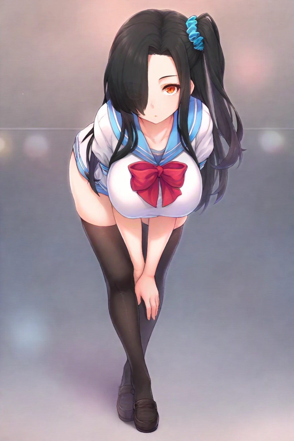 (((Pixel Perfect, Perfect in every detail,nsfw,,clothes lift,large breasts,light smile,dpubic hair,alon,solo focus,clothes lift,1 girl,black thigh-high socks))),masterpiece, highest quality, High resolution, morning, Long Hair, Black Hair, hair band, , Sailor collar, Blue Blazer, Long sleeve, Pleated skirt, Blue Skirt, Black Pantyhose, Put your arms behind your back, cherry blossoms, Outdoor, Are standing, Cowboy Shot, smile, Open your mouth, Leaning forward,