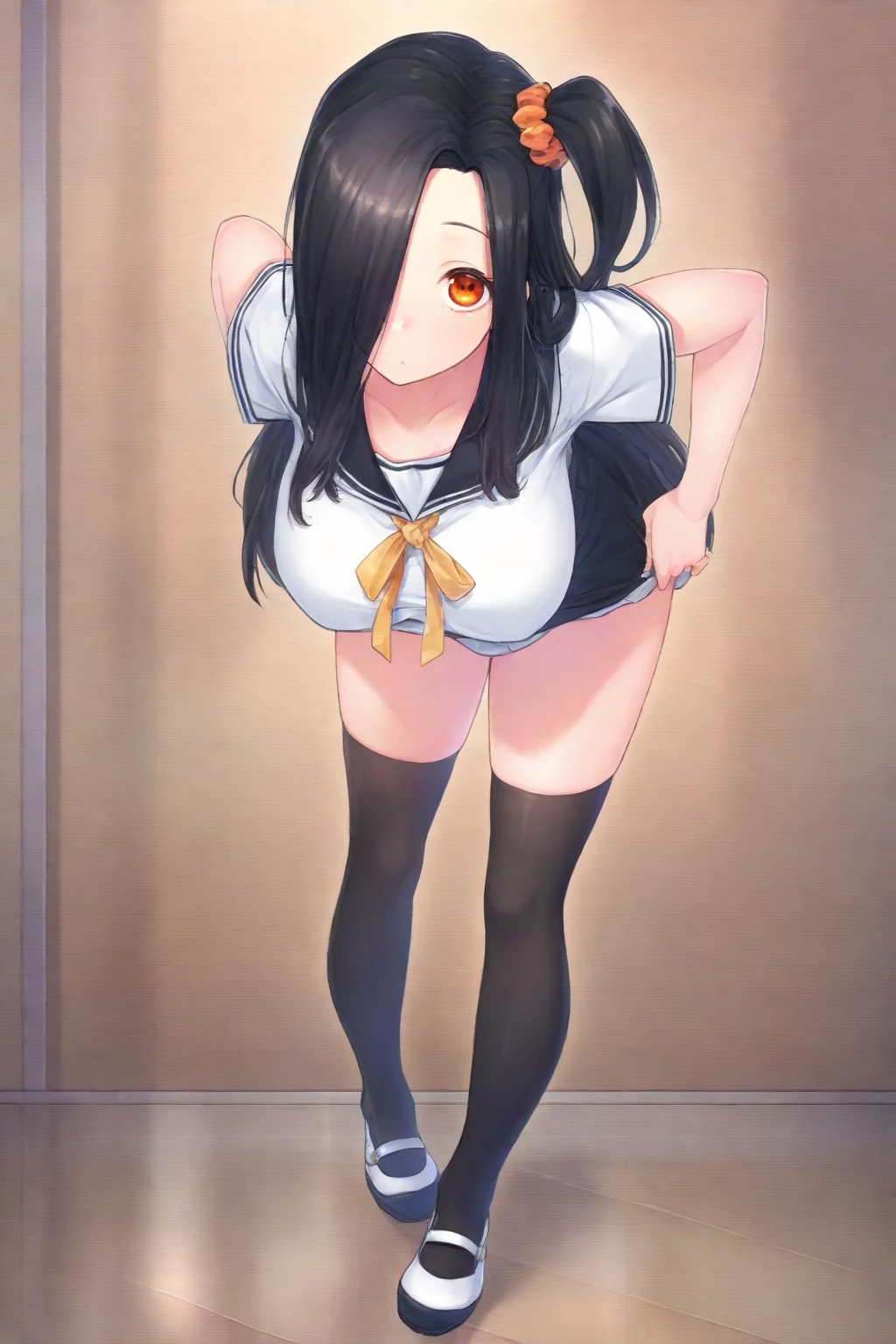 kasumigaokautaha, utaha kasumigaoka, black hair, hairband, long hair, (red eyes:1.5), masterpiece, best quality, highres, full body, full pose, kasumigaoka utaha, 1girl, solo, suprised face, :o, standing, ass, blushing, black hair, hairband, red eyes, long legs, white hairband, black lace bra, breasts, bangs, medium breasts, naked, black pantyhose, nipples, blushing, cowgirl possition, cowgirl, armpits, hands behind head, smile, holding breasts, black school shoes, cowboy shot, looking at viewer, living room background, picture from down