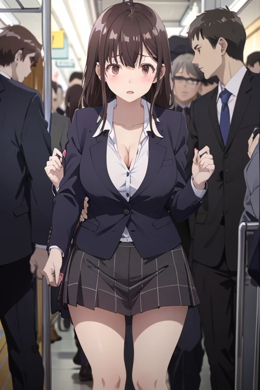 ((masterpiece)), (HQ), (4K), (high detailed), (best quality), (detailed face), (beautiful, cute, pretty girl), (18yo schoolgirl), (high ponytail), (petite, slender, skinny), (girl is shocked, nervous, shy), ((small medium boobs)), (((topless))), (wearing dark blue plaid pleated skirt), (only one naked), (blushing:1.5), (bare shoulders), (bare neck), (bare arms), (bare chest), (((crowd of people))), (((lots of people)))
