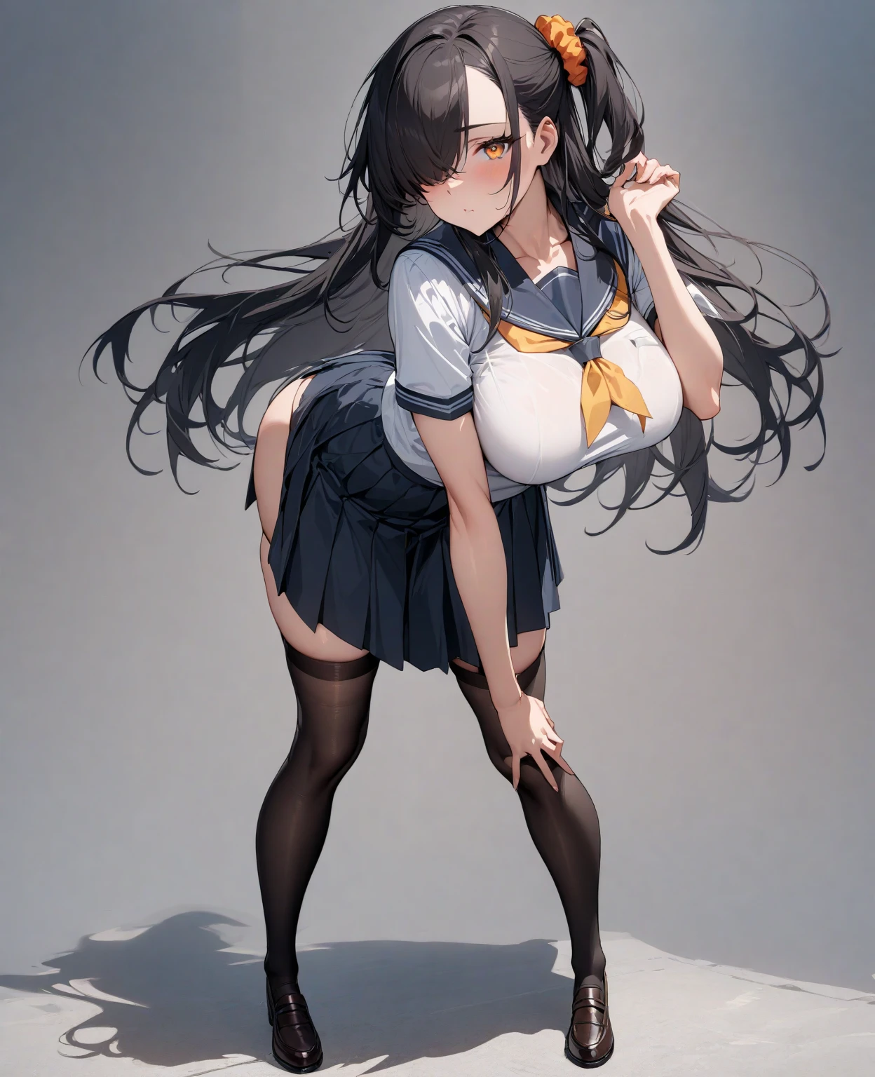 (masterpiece, Highest quality), (Realistic, photoRealistic:1.3), Browsing Caution, View your viewers, 1 girl, high school girl, Perfect Face, Glowing Skin, (Long Hair）,Black Hair, Blue eyes, Long eyelashes, Beautiful Hair, Beautiful Face, Beautiful attention to detail, Beautiful body, Beautiful breasts, Beautiful thighs, Beautiful feet, Beautiful fingers, (White collared shirt, Pleated mini skirt), A bow tie, Tilt your head, (A kind smile）,Knee-high socks,loafers,Stand and look back,Flip-up skirt