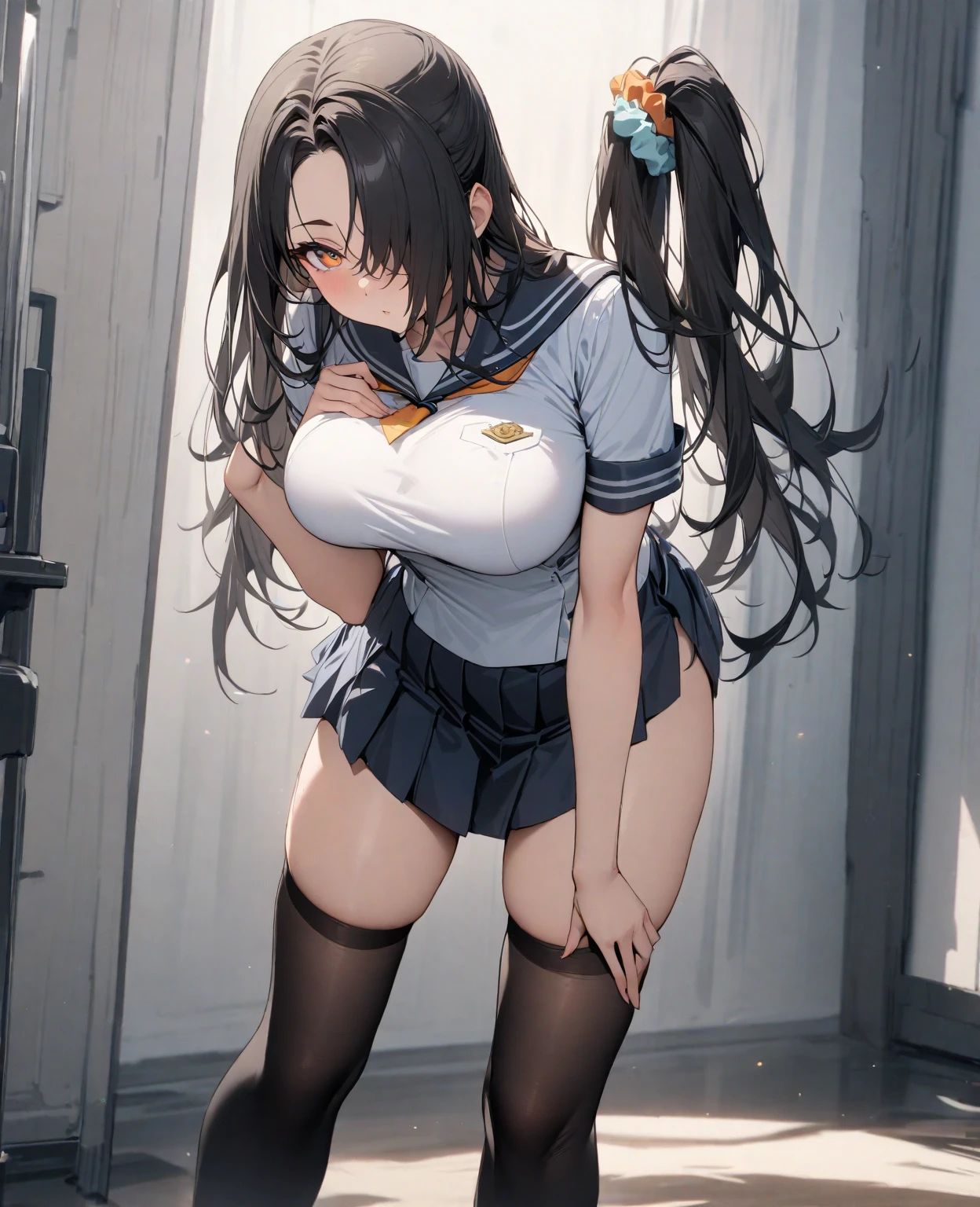 ((4K,8K,Highest quality,Perfect Fingers:1.3,Perfect Anatomy:1.3,Background Blur)),((12 years old,woman,cute big droopy eyes,Straight Long Hair,Beautiful and slim girl,Black Hair)),((Complex and detailed:1.4)), ((Very detailed)),[[See through]],(Gym suit),((Dark blue gymnastics bloomers)),((White shirt)),((Short sleeve)),((Wet:1.3)),(White shirt over nipples),Large Breasts,blush,(Smiling Kindly),(Sweat),(Shiny skin),Perfect clear skin,super oily,Full body angle,Sexy pose,（Camel Toe：1.4),(((Open your thighs wide to the left and right:1.4))),地面にsquat,Showing your crotch to the audience,(((Weight scale,squat:1.3, Put your arms behind your head))),Detailed description of the vagina,Show your vagina,(Wet crotch),(My feet get wet),(floor,A large magic circle mark at the feet),sneakers,Cinema Lighting(gym),