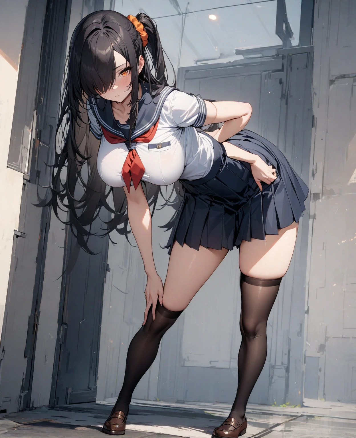I want everything like kimetsu no yaiba, an anime with good animation, a sexy girl with a fox tail and fox ears on a white background PNG showing her ass holding on to something invisible that is like a city pipe because it fell off a roof