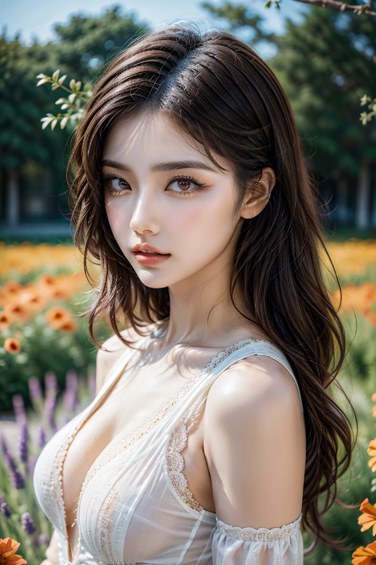 22-year-old woman、(hi-top fade:1.3)、length hair、Blue eyes、Dark theme、Soothing tones、Subdued Color、highly contrast、Colossal tits、(cleavage of the breast)、Off-the-shoulder see-through dresses、The upper part of the body、(natural skin textures、Hyper-Realism、Soft light、sharp)、(a blond)、appearance々Background、Alice in Wonderland