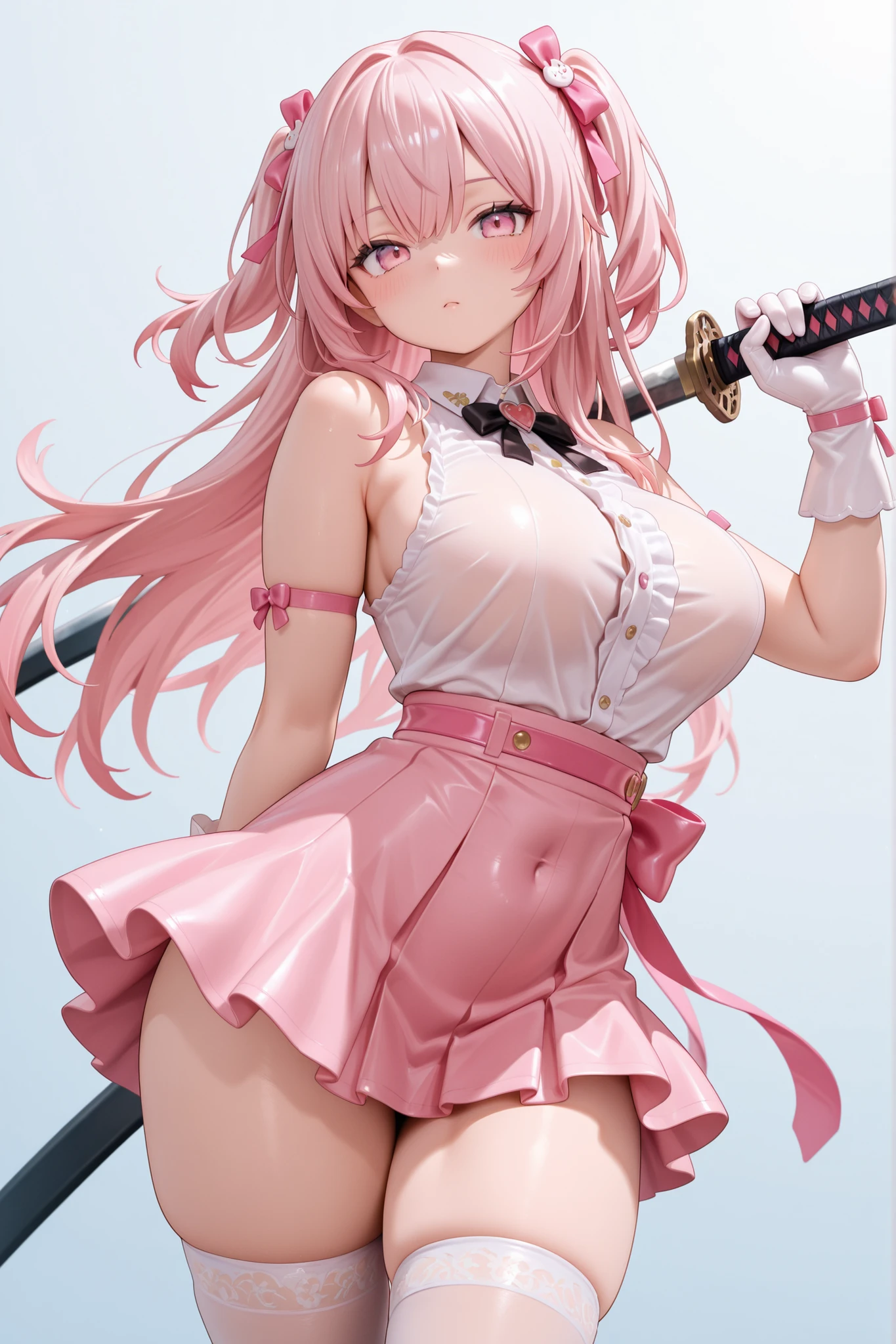 sensual, ((long pink curly hair)), thick thighs, 8k, 4k, highest quality, High resolution:1.2), cute anime face, noise reduction, ((shining blue eyes, gentle smile, kind eyes))、toned abdominal muscles, muscular arms, muscular legs, young face, anime eyes, (((big breasts、A chest that is about to burst)))、(((Bondage Play)))、(((Rear view、I'll turn around、emphasize the buttocks、T-back that digs into your butt)))、(((white thong thong)))、(((Grab your breasts with both hands)))、battle armor