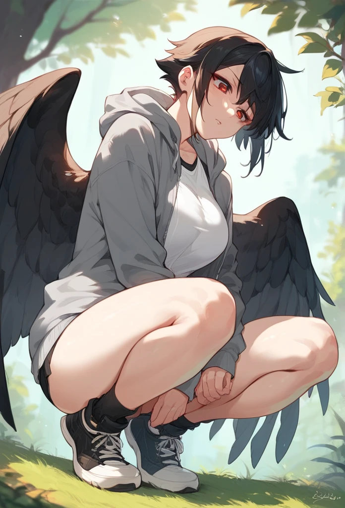 Wild Young Black Harpy Black Hair Black Wings Blue Eyes Gothic Sleep Pure Belt on torso Japanese anime hand drawn illustration whole body Character portrait Dark Skin serious Dark atmosphere Black waistband Nipples nipple nipple small breasts Girl kissing penis Girl showing off penis