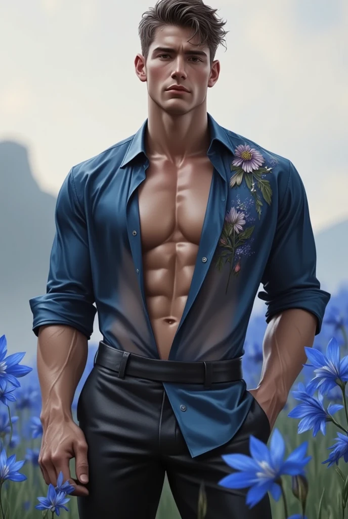 realist，（masterpiece，Alibaba quality，best quality，official art，beauty：1.2），He spoke in great detail，Fractal art，color，More detail，tangled，（Abstract Background：1.5）（1：1.3），Kamiaki，light blue hair，Short hair details，（Clear and bright eyes, Chest muscles，Abistis，(magic)，Handsome nude man,((((topless,full body shot,nude, naked))))