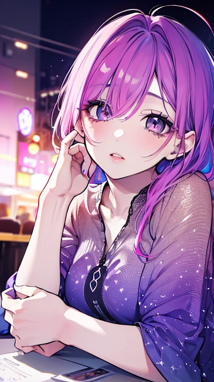 ((Highest quality,8k,32K,masterpiece,Ultra-high resolution :1.2 ),born,One person,Super cute,Natural light,Clear, shining eyes,20-year-old,Fair skin,Fantastic night city electronic world fantasy background,Light purple hair,Mature woman,Smoking a cigarette,liquor,bar,Fluorescent purple background,colorful