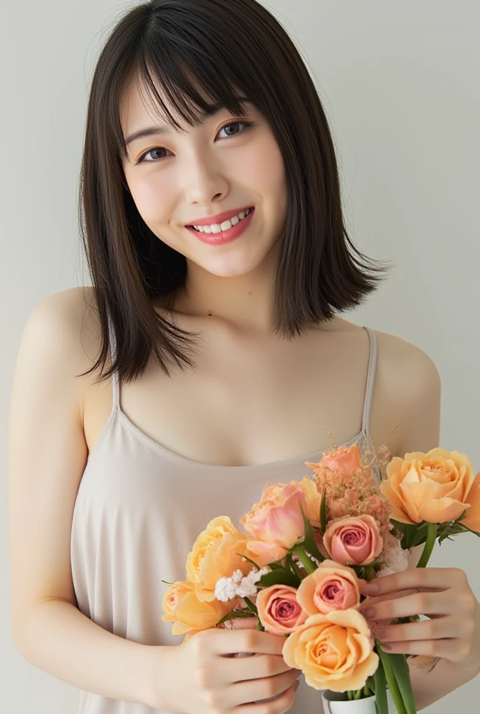 medium view, medium shot, written boundary depth, bust, Upper body, cinematic angle, masterpiece, highest quality, Super detailed, CG, 8k wallpaper, beautiful face, delicate eyes, maiden, alone, smile, bangs, skirt, shirt, have, pink dress, bow, petal, bouquet