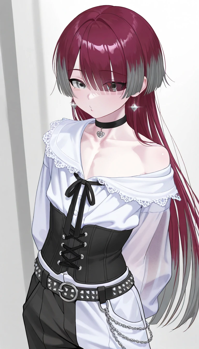 I need a picture of a femboy with black hair and a red streak, Long-sleeved off-the-shoulder blouse with a white velvet skirt, He has black eyes just like black socks