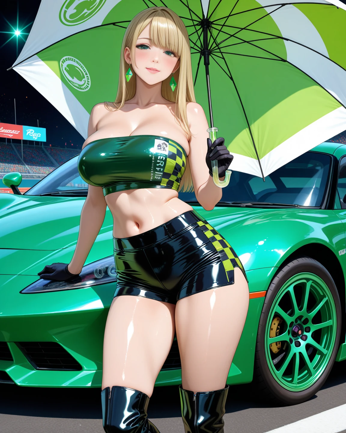 Chinese idol girl, Mature Woman, (dark skin), beach tan, platinum Blonde wavy medium length hair with bangs, big thick thighs, Super big butt, Wet ass, Big eyes, ((Gorgeous super shiny florescent neon green string bikini)), 8K, Photorealistic, ((Morning Glow)), full body 1girl, Cyberpunk-style see through clothing, Race Queen, Posing for the camera in front of a sports car