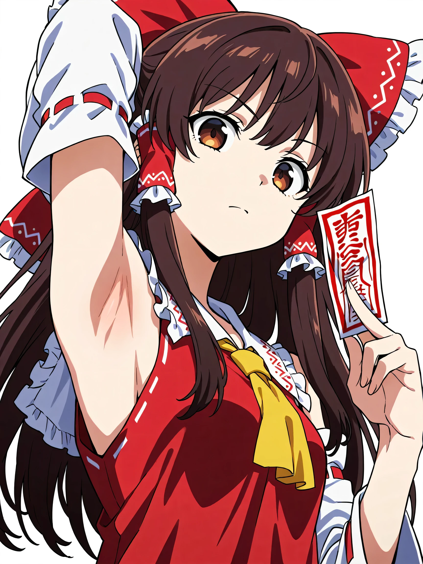 masterpiece, best quality, amazing quality, anime screencap, anime coloring, 1girl, solo, hakurei reimu, brown eyes, brown hair, long hair, sidelocks, small breasts, hair bow, hair tubes, frilled bow, yellow ascot, red shirt, ribbon-trimmed detached wide sleeves, holding ofuda, arm behind head, armpit, armpit focus, head towards viewer, looking at viewer, direct eye contact, serious, confident, white background, simple background, from side, from below,