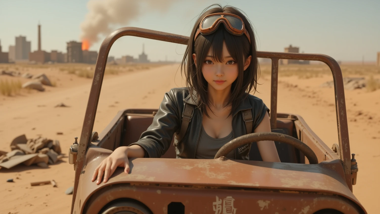 photograph, A Japanese woman driving an open-top military jeep through the wilderness, 2, ponytail, Olive drab tank top, Cigarette in mouth, High resolution, Anatomically correct, Highest quality, High detail, Very detailed, Textured skin, smiling,