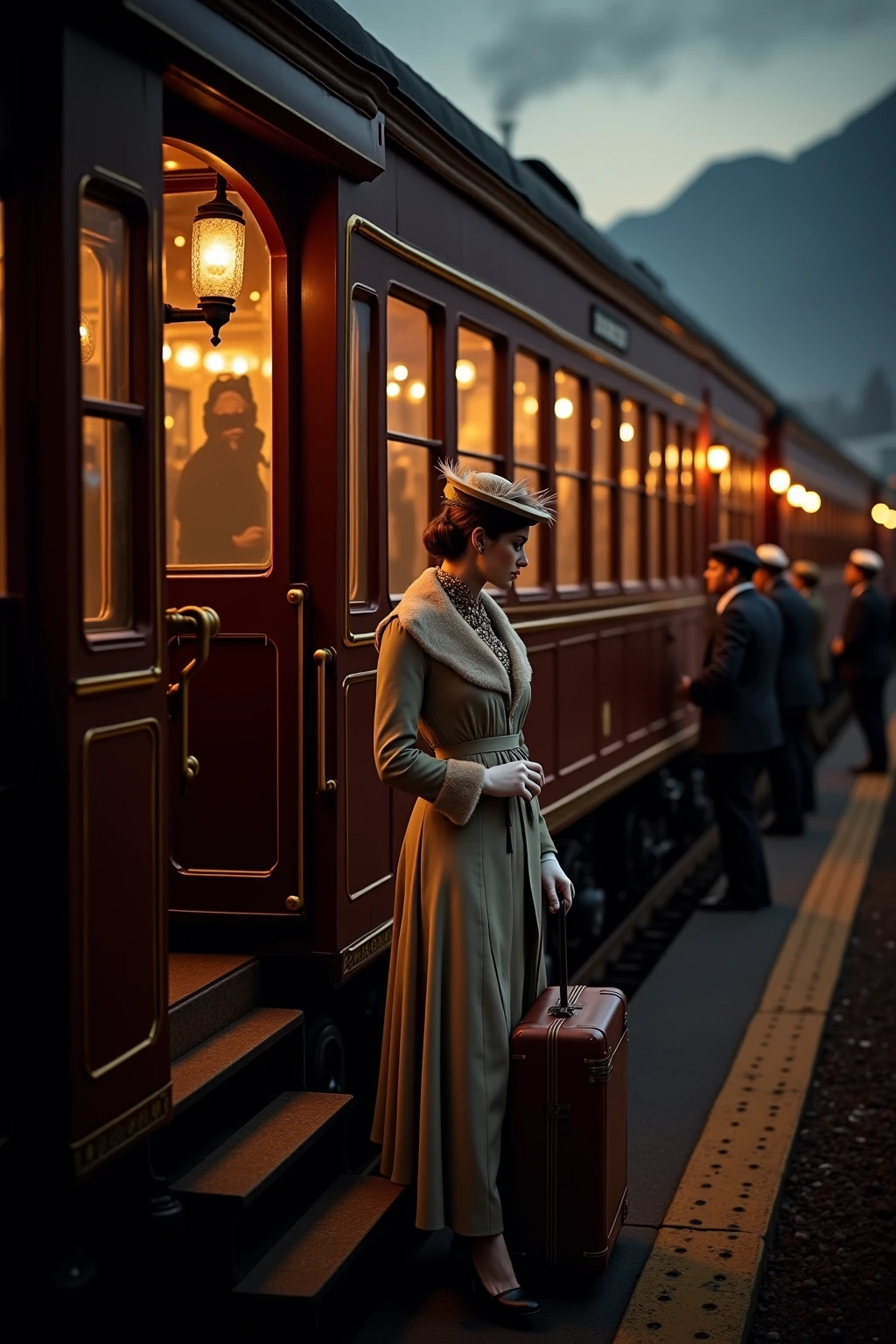A stunning 19th-century luxury train, reminiscent of the Orient Express, with polished dark wood carriages, gold trim, and large windows reflecting the glow of gas lamps. A sophisticated woman in a lavish Victorian-era traveling outfit (think a tailored bustle dress, fur-trimmed coat, gloves, and a feathered hat) ascends the steps, one hand holding her skirt delicately, the other gripping a leather suitcase. The platform is bustling with porters in uniform, steam swirling around the train wheels, and a twilight sky with a hint of distant mountains. The atmosphere is opulent, cinematic, and slightly mysterious, evoking the romance of early travel. Hyper-detailed, rich colors, soft glowing light, and a painterly style reminiscent of classical realism.

Optional additions for mood:
Incorporate Art Nouveau details in the train’s design, like floral metalwork or stained-glass doors.