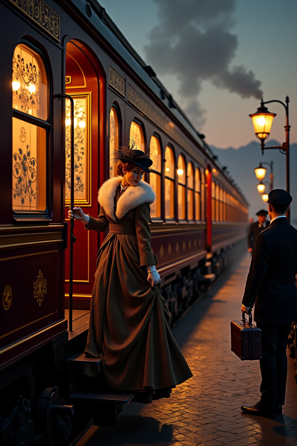A stunning 19th-century luxury train, reminiscent of the Orient Express, with polished dark wood carriages, gold trim, and large windows reflecting the glow of gas lamps. A sophisticated woman in a lavish Victorian-era traveling outfit (think a tailored bustle dress, fur-trimmed coat, gloves, and a feathered hat) ascends the steps, one hand holding her skirt delicately, the other gripping a leather suitcase. The platform is bustling with porters in uniform, steam swirling around the train wheels, and a twilight sky with a hint of distant mountains. The atmosphere is opulent, cinematic, and slightly mysterious, evoking the romance of early travel. Hyper-detailed, rich colors, soft glowing light, and a painterly style reminiscent of classical realism.

Optional additions for mood:
Incorporate Art Nouveau details in the train’s design, like floral metalwork or stained-glass doors.