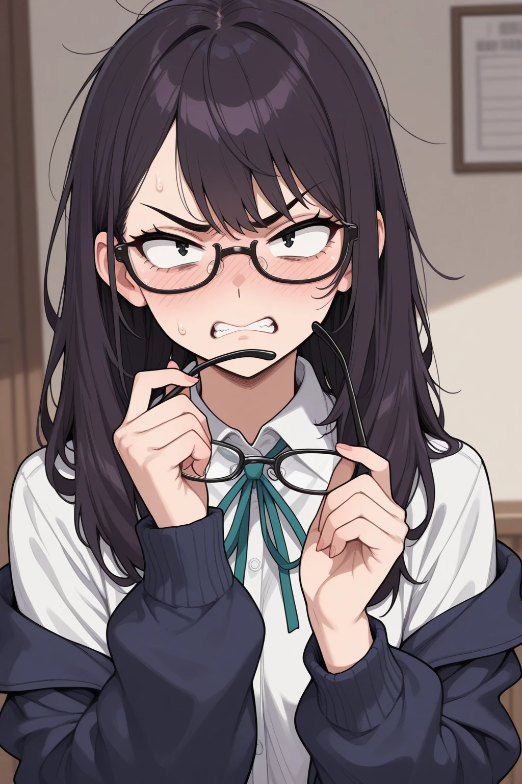masterpiece, best quality, high quality, detailed, ultra detailed, hyper detailed, insanely detailed, exquisite, beautiful, FHD, Full-HD, 4K, 8K, highres, absurdres, woman, determined, flushed, tearful, standing, looking at viewer, long hair, black hair, black eyes, tall, glamorous, leggy, school uniform, undone clothing, hair ribbon, glasses, in the room, at night, cel anime, headshot, macro shot, golden ratio, Happy Scene