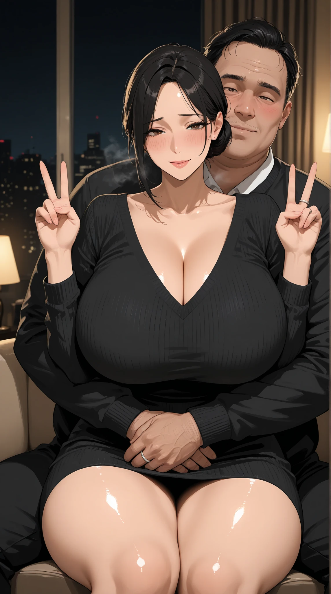 ((1woman, long black hair, young)), ((1oldman, ugly, old, nearly bald)), woman sitting on ugly fat oldman's lap, sitting on lap hug, big breasts,hoops earrings , lipstick, cleavage,blue eyes,old man kissing woman cheek s