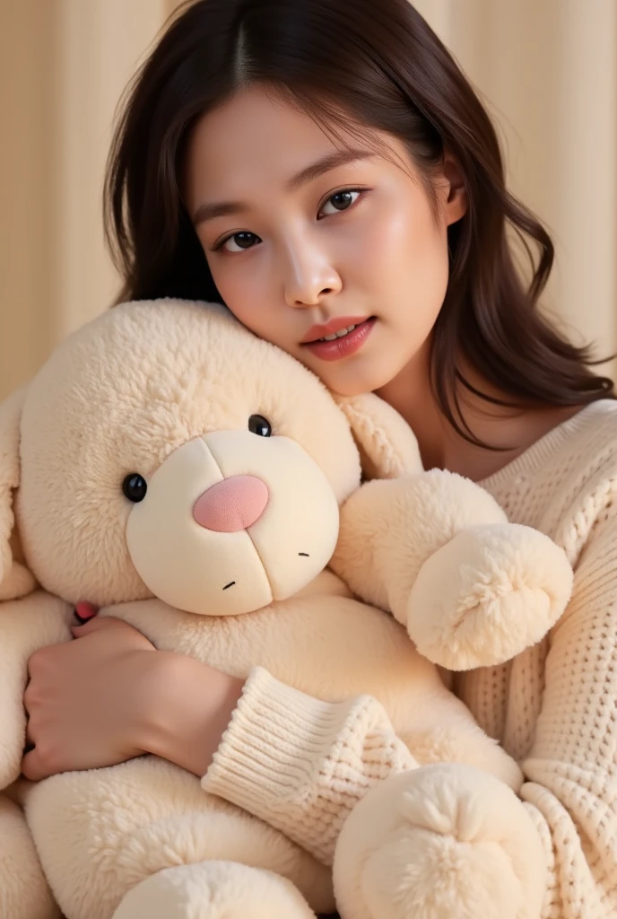1girl walking on the river, mix4, sweater, pillow, lips, open_mouth, realistic, photo_\(medium\), solo, stuffed_animal, stuffed_toy, teddy_bear, (masterpiece), (realism: 1.3), super detailed, (High detail skin: 1.2), (Best quality: 1.0), (Ultra resolution: 1.0), (ULZZANG-6500: 0.3), wavy detail hair, long hair, sunshine, (beautiful detail makeup), (sexually aroused blush, heavy breath: 1.0), floral theme petals scattered, (soft light bloom: 0.5)