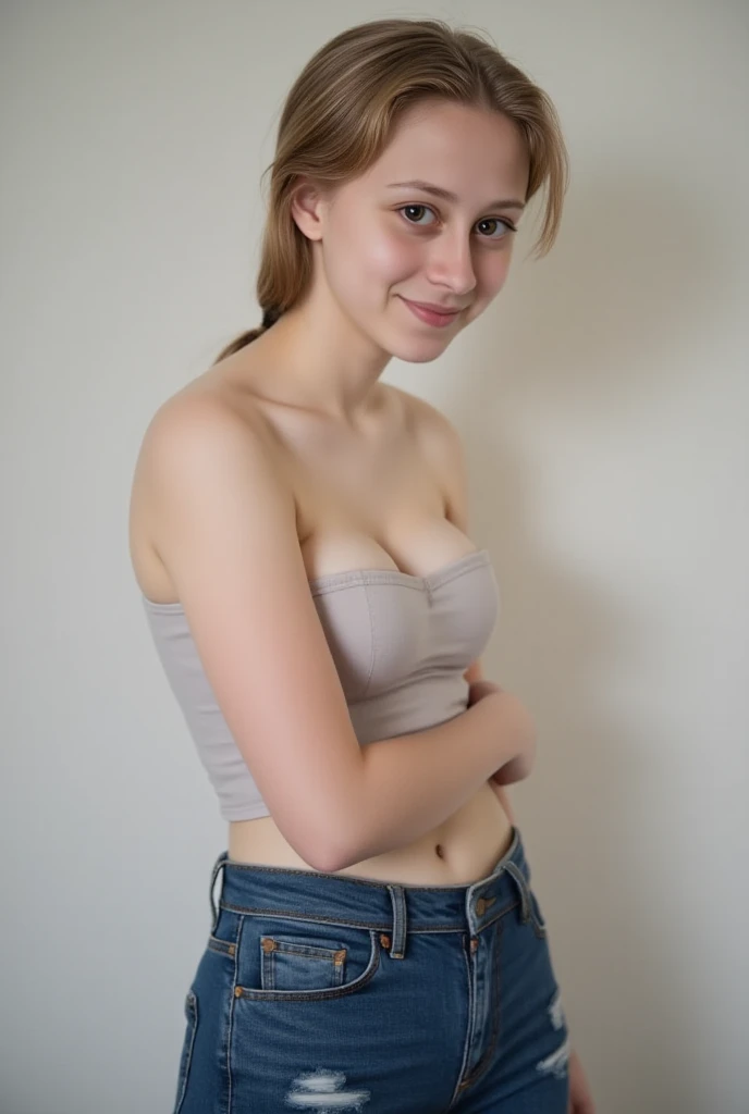 lifelike, high - resolution, full body, skinny, skinny sexy teenage girl with a perfect body, 16, amazing beauty, extraordinarily attractive, Super fine face and eyes, beautiful smile, long brown hair, light denim short shorts, big busty, colossal breasts, double F, Exposed cleavage, bare chested, super gigantic breasts, massive breasts, heavy chested, nude chest, wet, flip flops, pretty feet, perfect feet, perfect toes, detailed feet