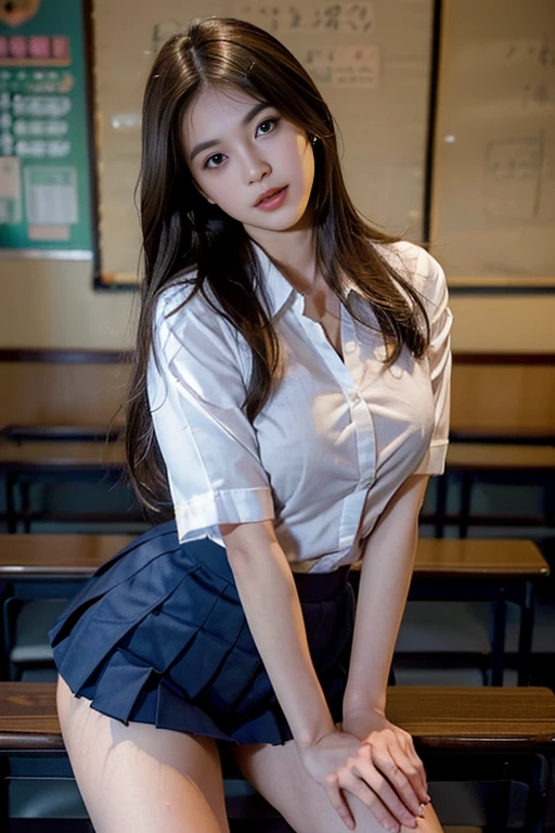 (1 young girl), (surreal), (very detailed美しい顔), wonderful face and eyes, (highest quality:1.4), (super detailed), (very detailed CG 統合 8k 壁紙), very detailed, High resolution raw color photos, professional photography, realistic portrait, (High School Uniform, pleated mini skirt:1.3), (High school uniform wide open:1.3), (small breasts:1.3), School, classroom, indoor, sitting, Chair, spread your legs wide, (No panties:1.3), Depth of bounds written, (view from below:1.1),