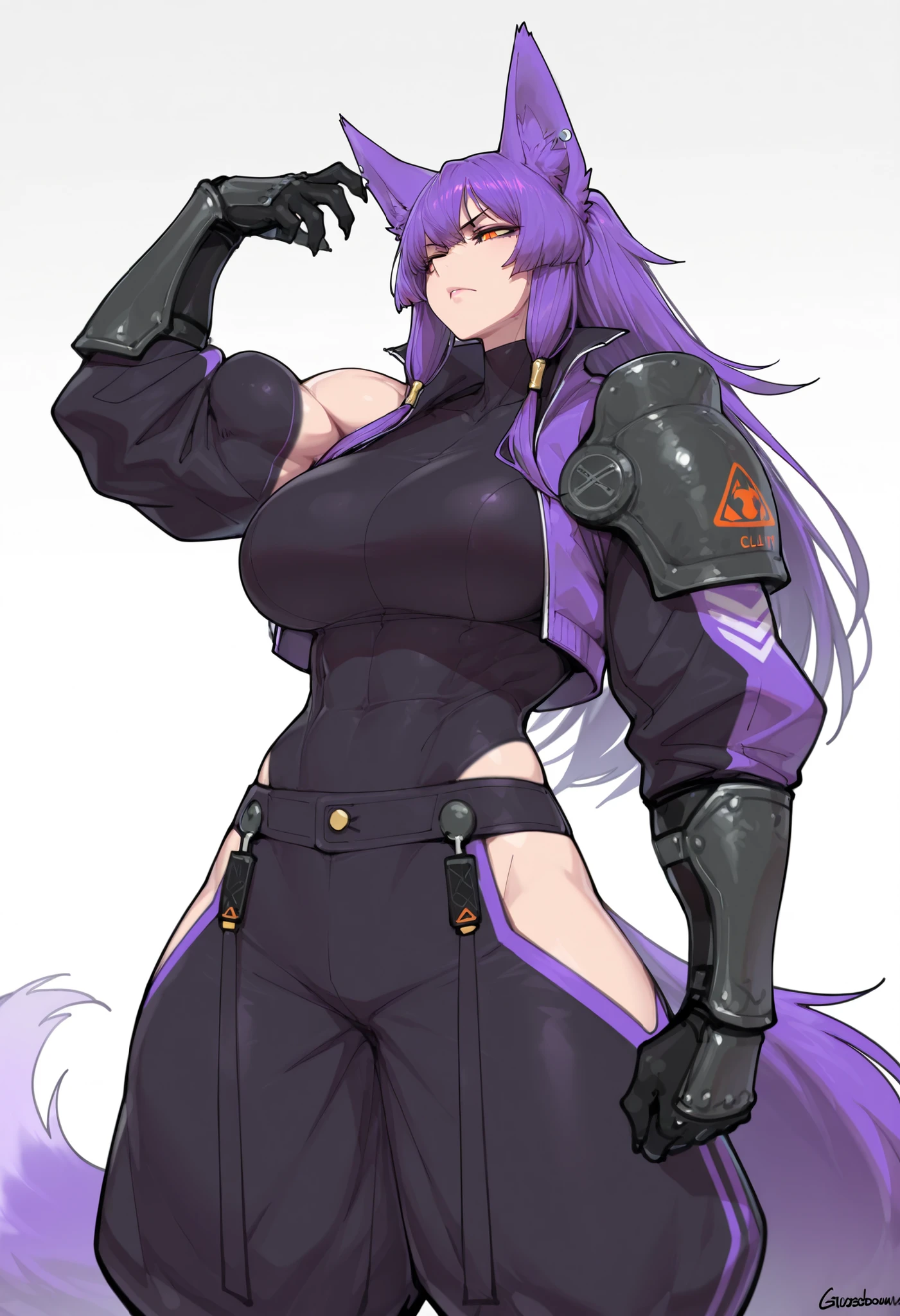 gorgeous kitsune girl, beautiful face, kitsune, hair of purple color, beautiful woman, orange eyes, slit pupils, personalami style, vvolputrous body, toned woman, curvy and athletic, fox ears, long hair, big breasts, dark adventurer jacket, buggy pants, open hips, single steel pauldron vambrace and gauntlet, black hands, fox tails, open clothes, attractive proportions, defined muscular arms and legs, giantess, athletic body, fox ears, tall woman, serious, calm dominant expression, half-closed eyes, dynamic seated pose with a confident and assertive posture, masterpiece, ultra definition, simple white background, solo.
