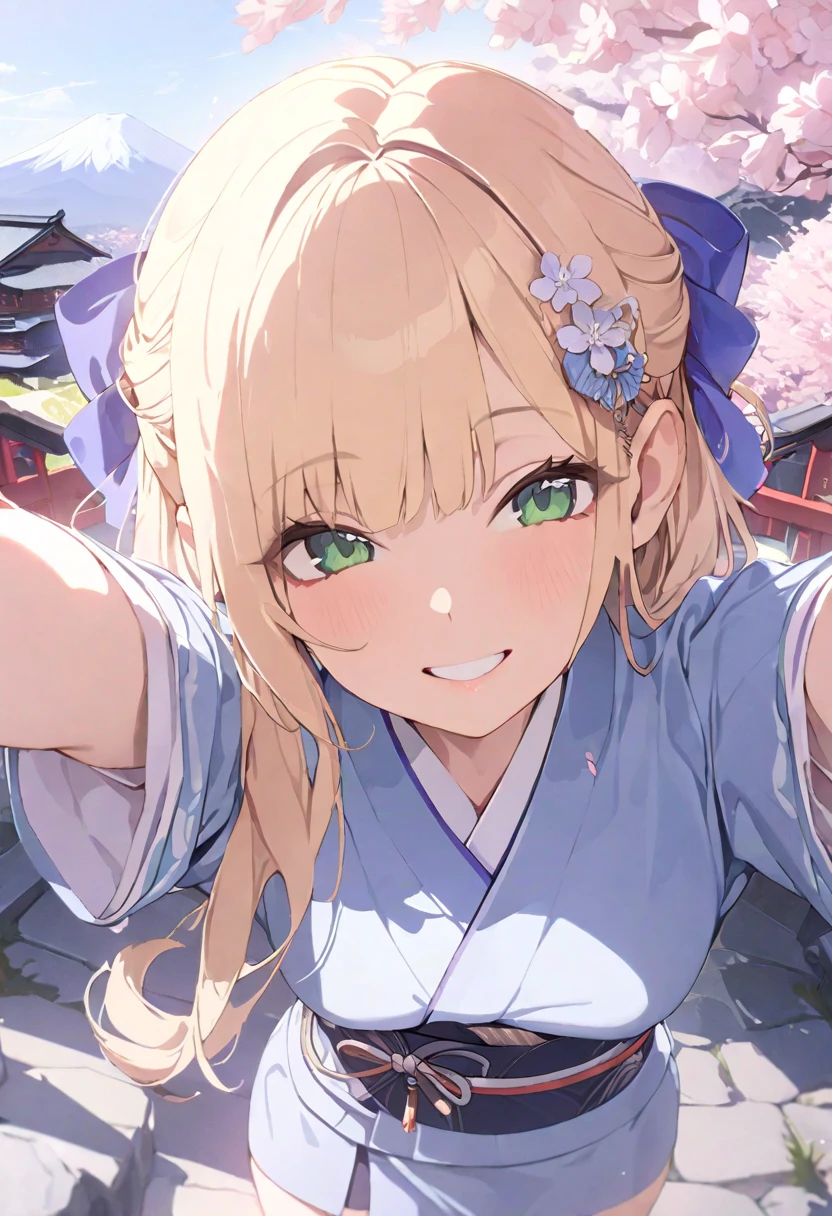 masterpiece,16k,8k,Delicate expression,highest quality,high resolution,High resolution,Sweat,1girl,look at viewer,blush,happy smile,sweat stains,steam,wet,fish eye lens,cowboy shot,summer,from front,from above,(pov:1.4),fisheye lens,upper body,open mouth,kiss,show off armpits,sleeveless,class room,blond hair,green eyes,cat eyes,kimono
