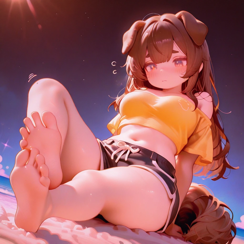 "Low angle shot, cute Catgirl lying belly up in the clouds with closed eyes, covered by clouds over breasts and genitals. Featuring cat's tail and ear, as well as some fur details. The Catgirl has light brown skin and the scene is set during the evening."