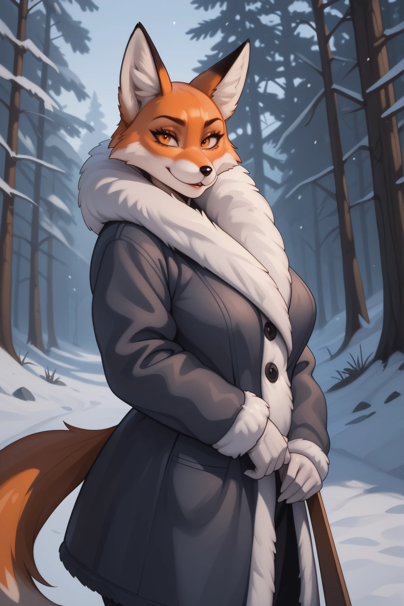 winter forest, posing game, Anthropomorphic girl, fox, orange fur, fur coat, big breast, Black whites of the eyes ,