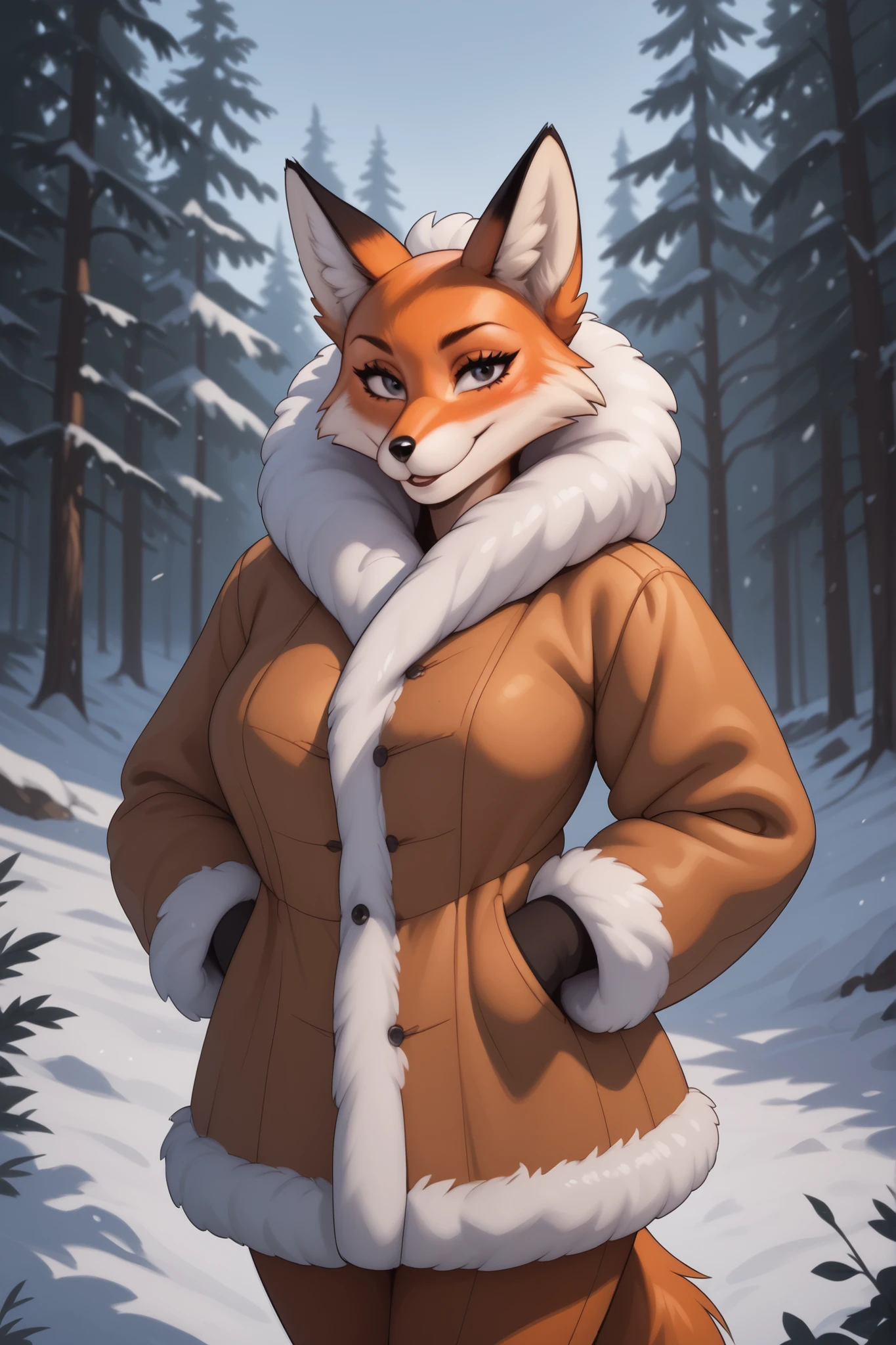 winter forest, posing game, Anthropomorphic girl, fox, orange fur, fur coat, big breast, black eyes,