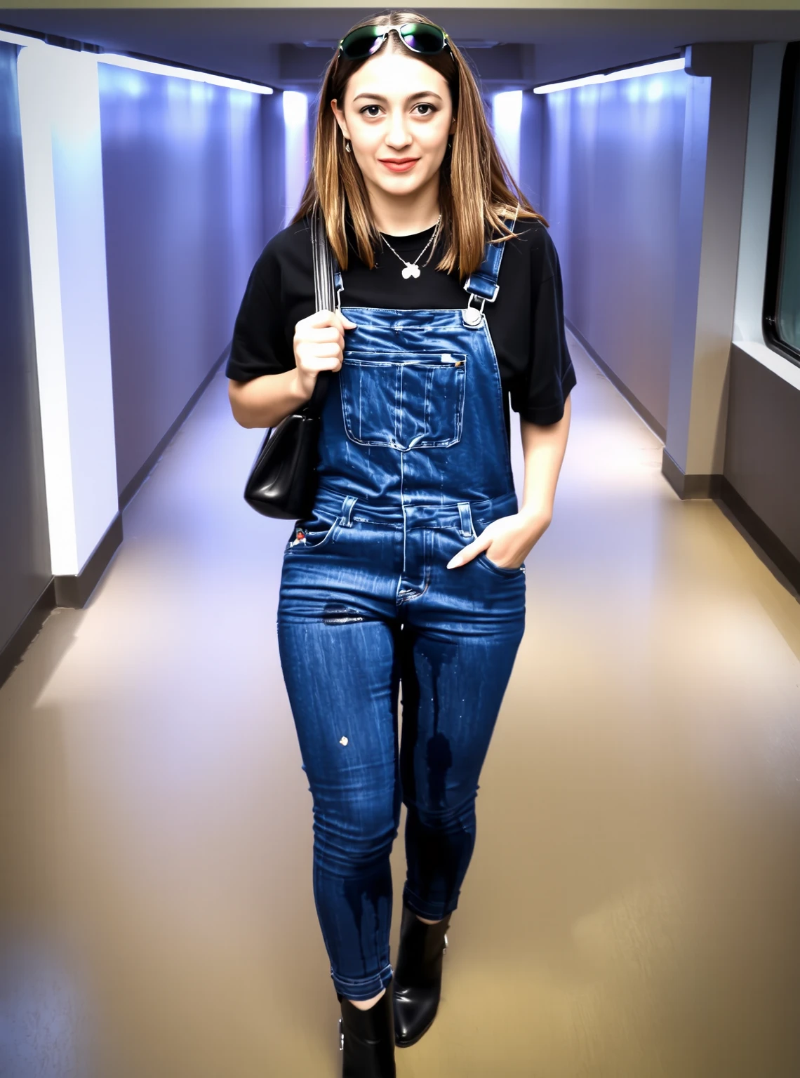 female student, with short black hair, skinny pants, (((pee stain))), ssmile, (standing on your feet)
