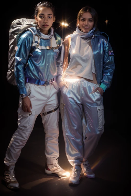 Lovers walking on the moon and contemplating the vast outer space with stars and comets, masterpiece, best quality, ultra-detailed, floating scene, light white clothes, loose hair, slightly embraced air, soft light, melancholic feelings