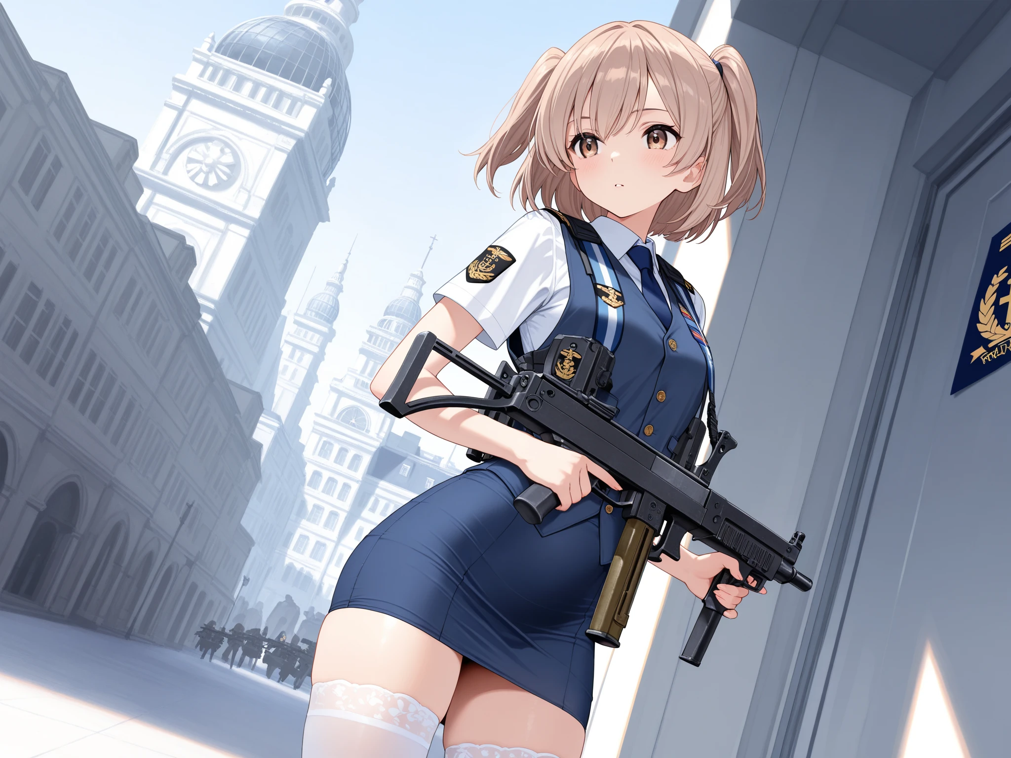 original outfit, 1girl huge large breasts, solo, mitts, Fingerless gloves, Gun, Upper body, see viewer, White background, Closed mouth