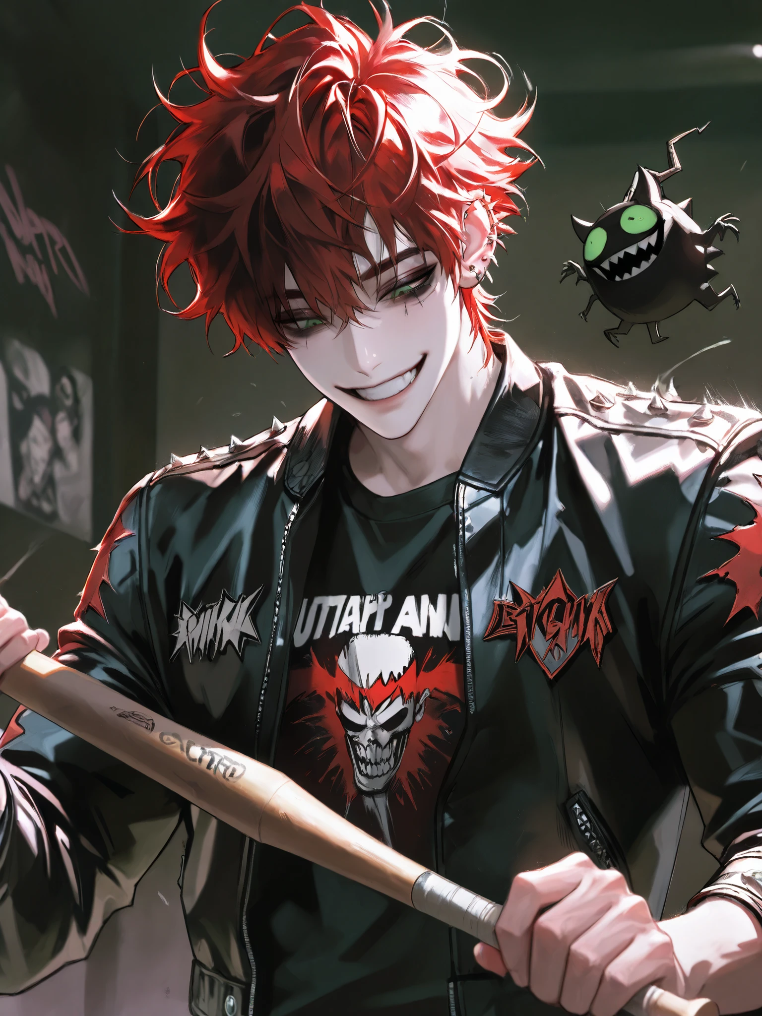 dark aura, hell, male, purple eyes, bats, blood, red hair, chain, spikes, experienced, tatoo, long parted bang, disease, old a skull on hand, cool