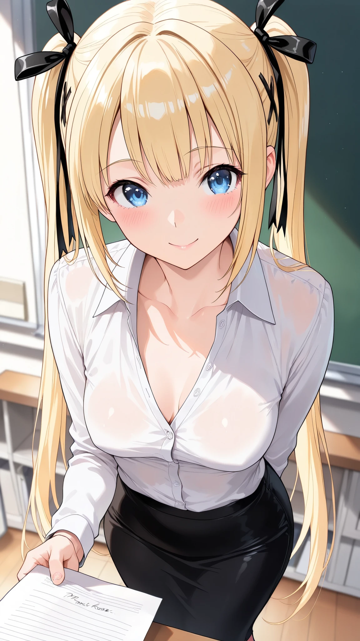 (masterpiece, best quality:1.2), 1girl, twin tails, marie rose, medium breast, full teacher outfit, teacher, teacher cloth, teacher style