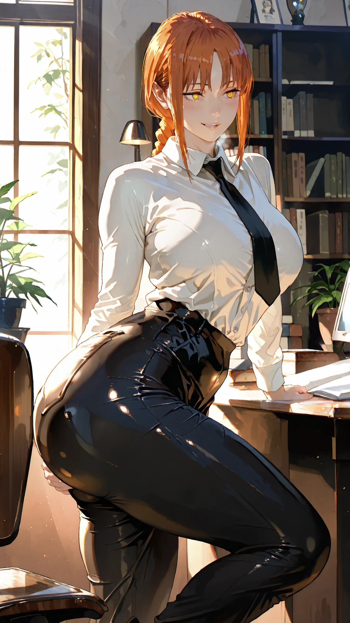 absurderes, 8K ,A high resolution, Ultra detailed, Beautiful, Masterpiece, Best quality, (Beautiful and delicate silver eyes), (1girll) ,A sexy beautiful young woman working as office OL (Office Lady),white button-down blouse,There is a collar,Black Slit Skirt,(Black pantyhose),Long legs ,Detailed legs,High heels,Side ponytail , bangs,full bodyesbian,Big breasts,cleavage,Red hair,