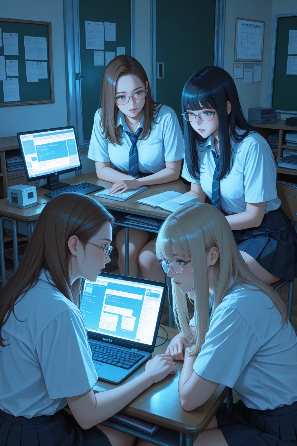 Blond-haired triplets,Headphones with lightning in the background,